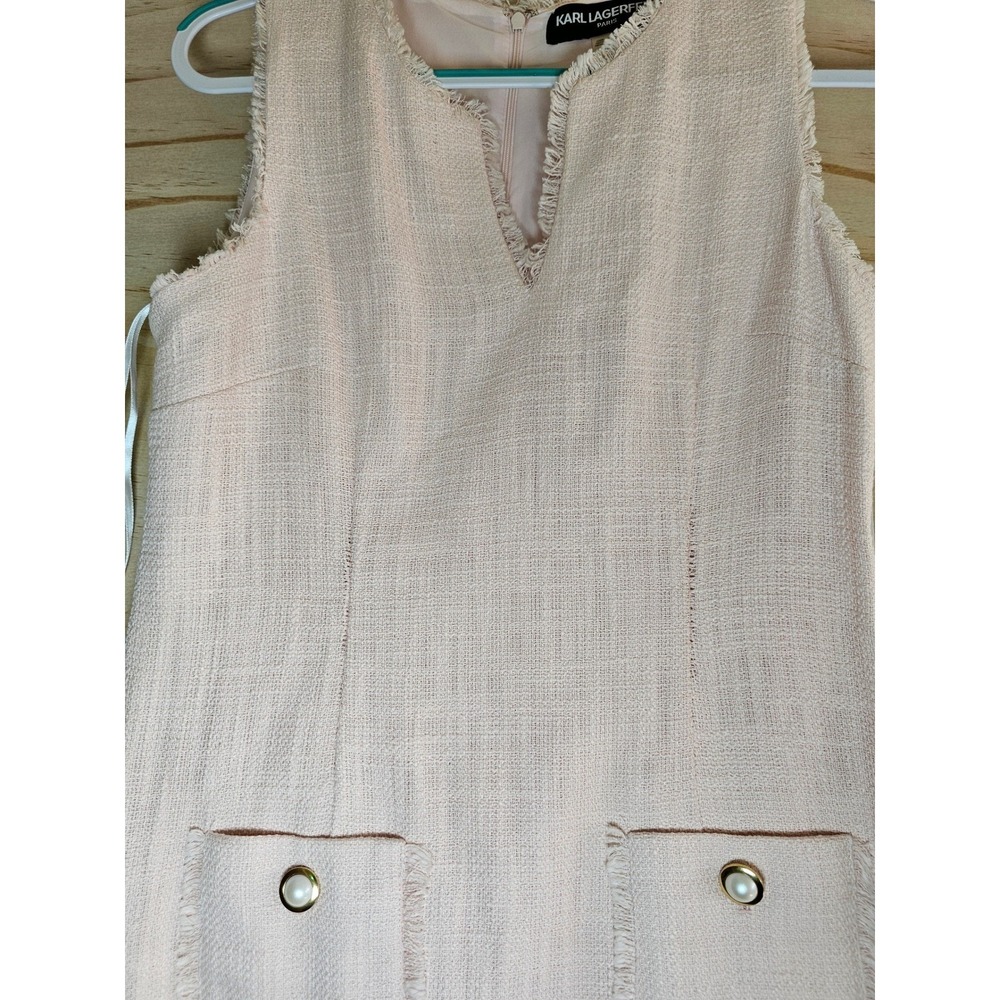 Karl Lagerfeld Paris Pink Tweed Sheath Dress Pearl Button Fringe Trim Size 6 - Picture 4 of 16